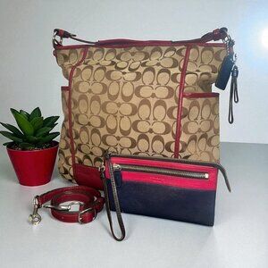 Coach Park Hobo F30341 Khaki Signature Canvas Fuchsia Leather Bag + Wallet 48176